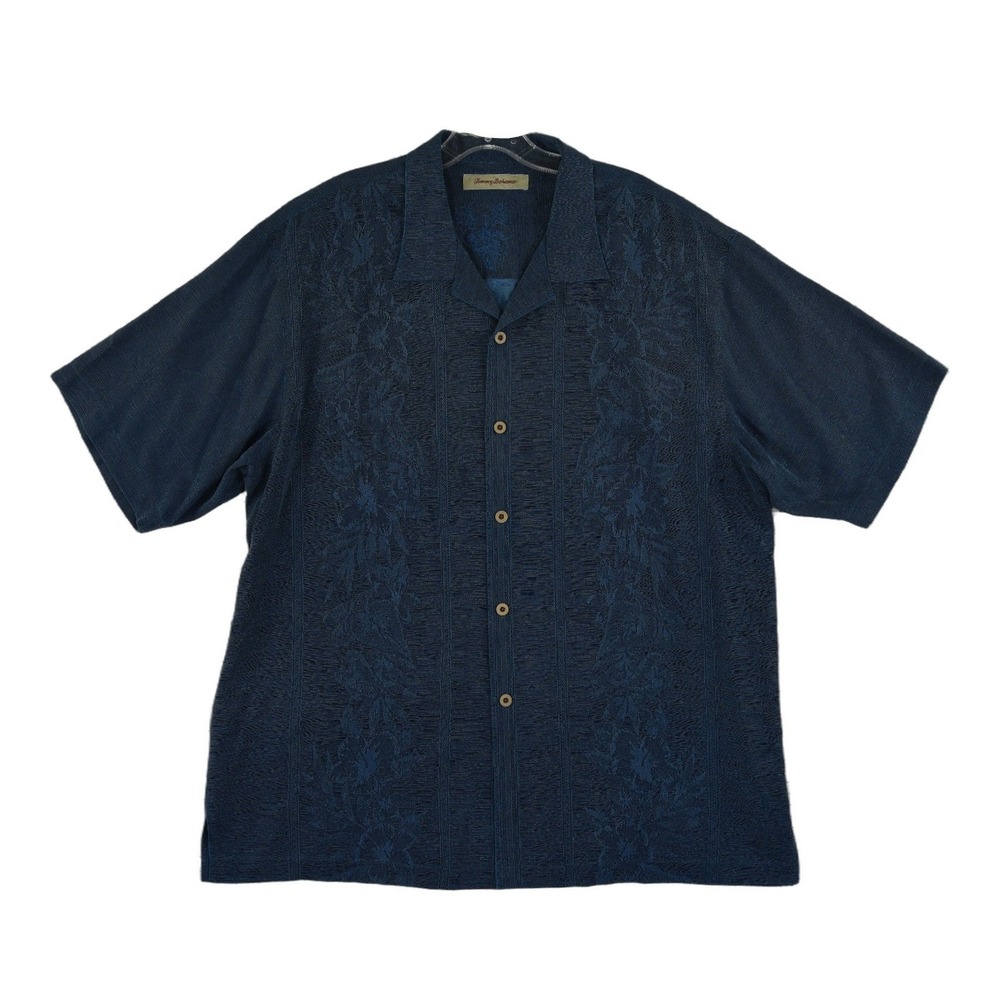 Tommy Bahama 100% Silk Camp Shirt Men's Size XL Blue Floral Embroidered Hawaiian